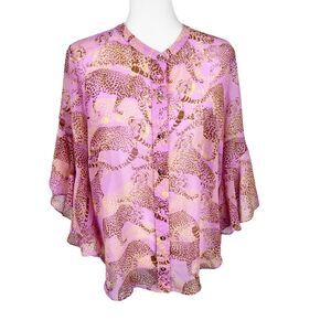 Cabi Blouse Women Large Pink Cheetah Print Bell Sleeve Button Down Sheer Top